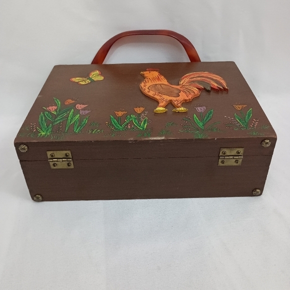 OOAK Vintage 70s Wooden Rooster and Butterfly Purse Enid Collins Style Hippie - Picture 6 of 11